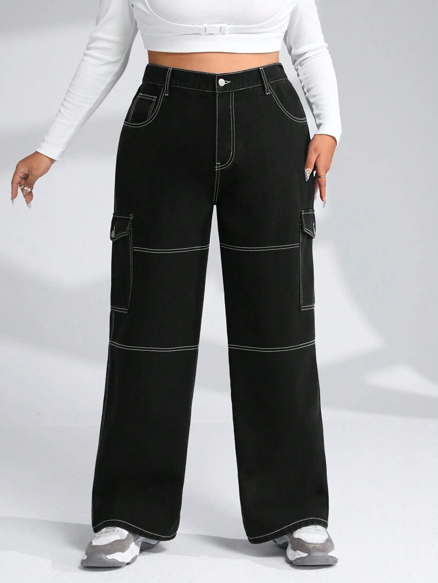 SHEIN ICON 加上明線有蓋口袋側工裝牛仔褲 - 黑色 - 查看 1