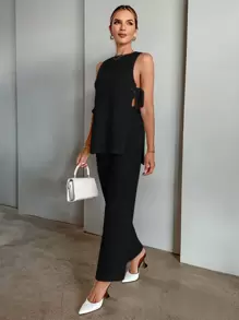 Shein Essnce Women Airport Outfit Spring And Autumn Gray Fleece Distressed Stripe Side Slit Bowknot T-Shirt And Loose Pants Set - Black - View 1