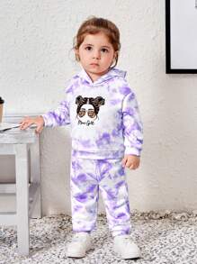 SHEIN Bebé niña Pantalones deportivos con capucha de tie dye con estampado de dibujos animados