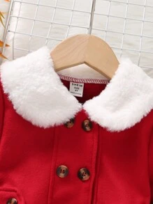 SHEIN Young Girl Borg Collar Double Breasted Overcoat - Burgundy - View 5