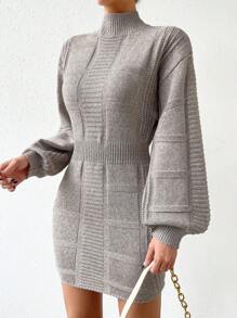 SHEIN Essnce Mock Neck Lantern Sleeve Mock Neck Bodycon Sweater Dress - Khaki - View 3
