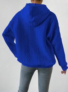 SHEIN EZwear Cable Knit Drop Shoulder Drawstring Hooded Sweatshirt - Royal Blue - View 2