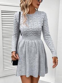 SHEIN LUNE 女士圓領拼接修身a字或擴腿下擺,休閒舒適保暖套頭毛衣連衣裙,不同材質適用於秋冬季節 - 灰色 - 查看 3