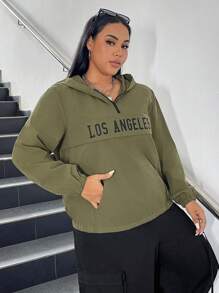 SHEIN EZwear Plus Letter Graphic Half Zip Hooded Jacket - Green - View 5