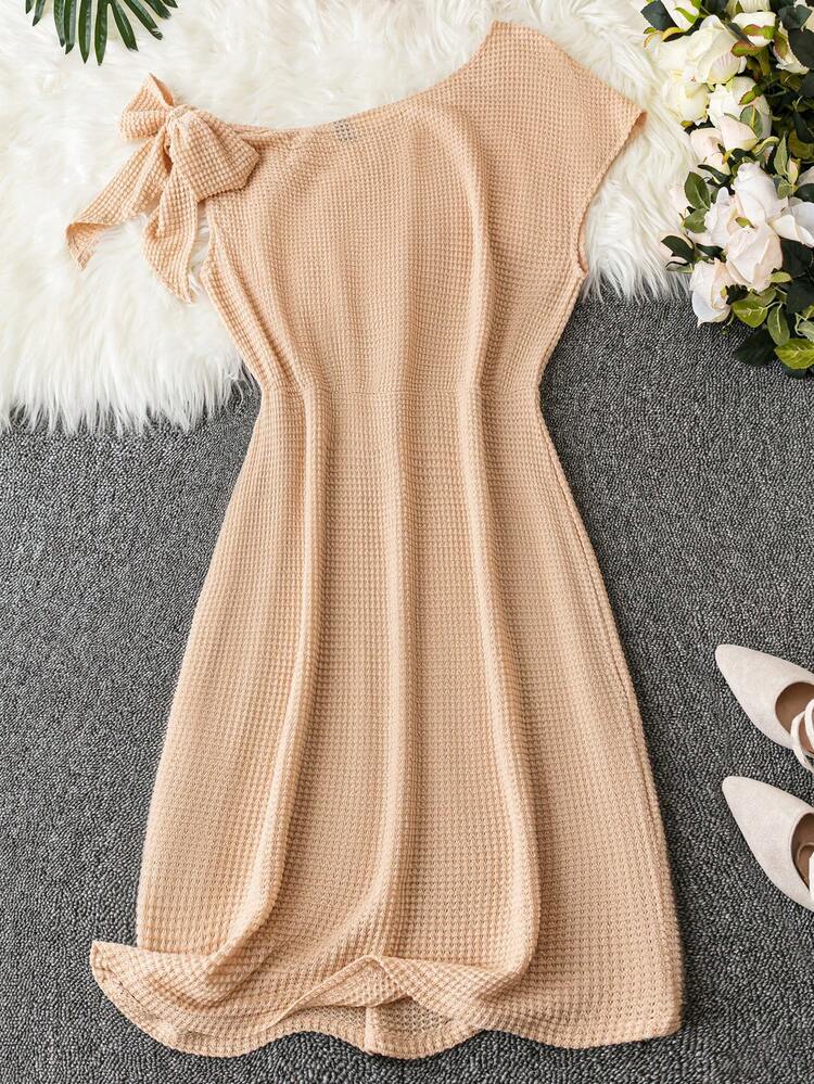 Plus Solid Asymmetrical Neck Knot Detail Dress