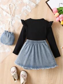 SHEIN Chica Joven ribete con fruncido Camiseta & ribete crudo bajo asimétrico Falda & Bolso