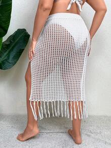 SHEIN Swim Curve Plus Hollow Out Drawstring Side Fringe Trim Cover Up Skirt Without Bikini Bottom - White - View 2
