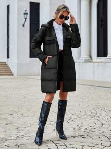 EURMUSE Zip Up Hooded Puffer Coat - Black - View 3