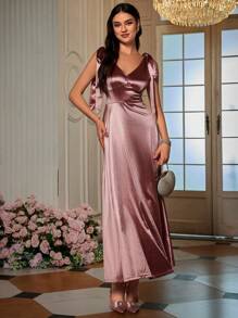 SHEIN Belle 肩部繫帶緞面洋裝 - 藕粉色 - 查看 5