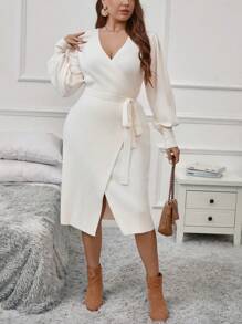 SHEIN Clasi Plus Lantern Sleeve Wrap Belted Sweater Dress In Fall/Winter