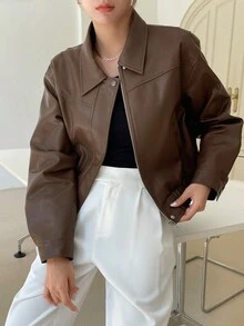 DAZY Drop Shoulder Zip Up PU Jacket - Brown - View 4