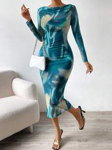 Zolique Tie Dye Boat Neck Bodycon Dress - Multicolor - View 5