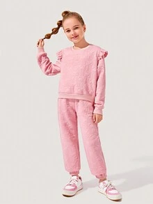 SHEIN Tween Girl Letter Embossed Ruffle Trim Sweatshirt & Sweatpants - Pink - View 5
