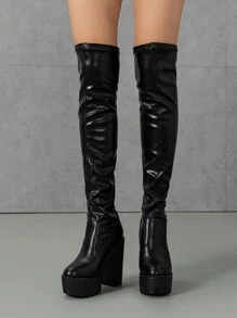 女式圓頭粗跟一腳蹬過膝靴帶防水台，冬季 - 黑色 - 查看 4