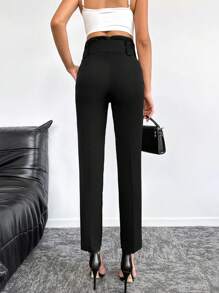 RueChic Double Buckle Belted Suit Pants - Black - View 2
