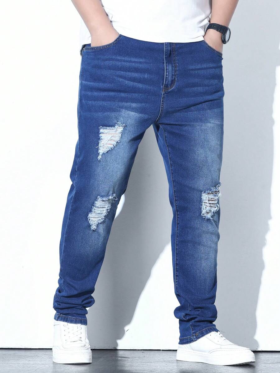 Manfinity 男士大码破洞抽鬚貓抓痕直筒牛仔褲 - 藍色 - 查看 1