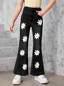 Tween Girl Floral Print Split Hem Flare Leg Jeans - Black - View 4