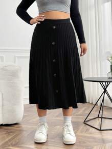 SHEIN Clasi Váy đan xếp ly có chi tiết nút cộng - màu đen - Xem 1