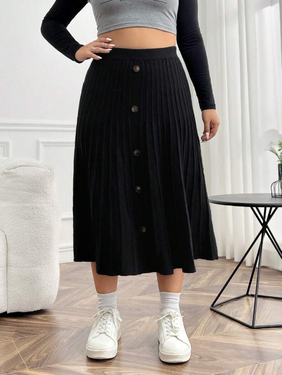 SHEIN Clasi Váy đan xếp ly có chi tiết nút cộng - màu đen - Xem 1