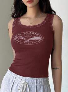 DAZY Eagle & Letter Graphic Lace Trim Tank Top - Rusty Rose - View 1