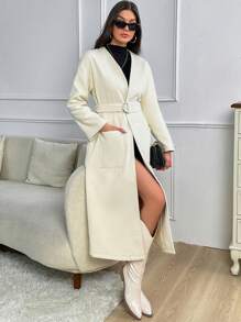 SHEIN Privé Thả vai Vá Túi Thắt lưng Áo khoác - Màu be - Xem 6
