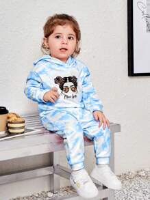 SHEIN Baby Girl Tie Dye Figure Graphic Hoodie & Sweatpants - Blue and White - View 1