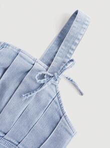 SHEIN MOD Plus Lace Up Front Fold Pleated Detail Denim Top - Light Wash - View 5