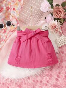 Baby Girl Ripped Paperbag Waist Belted Skirt - Hot Pink - View 1