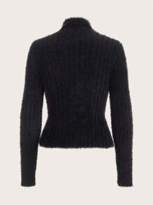 SHEIN EZwear Zip Up Crop Fuzzy Cardigan - Black - View 2