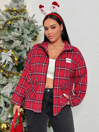 SHEIN EZwear Plus Plaid Print Letter Patched Detail Drop Shoulder Overcoat