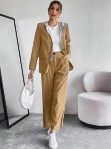 SHEIN Essnce 素色單釦西裝外套和褲子 - 卡其色 - 查看 5