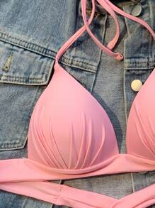 Swim Mod Summer Beach Halter Triangle Swimming Top - Pink - View 3