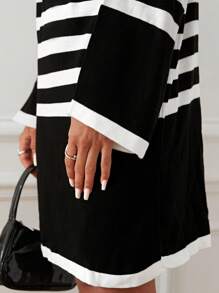 EURMUSE Striped Pattern Mock Neck Drop Shoulder Sweater Dress - Black and White - View 3