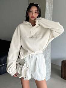 DAZY Letter Embroidery Drop Shoulder Fleece Hoodie,Fall Women Clothes Sweatshirt - White - View 4