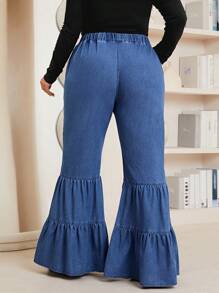 SHEIN LUNE Plus Elastic Waist Ruffle Hem Flare Leg Jeans - Dark Wash - View 2