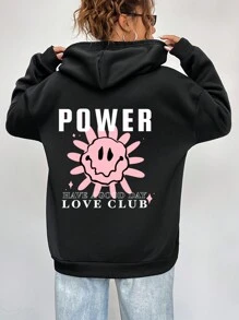 SHEIN EZwear Cartoon & Slogan Graphic Drop Shoulder Drawstring Thermal Lined Hoodie - Black - View 1