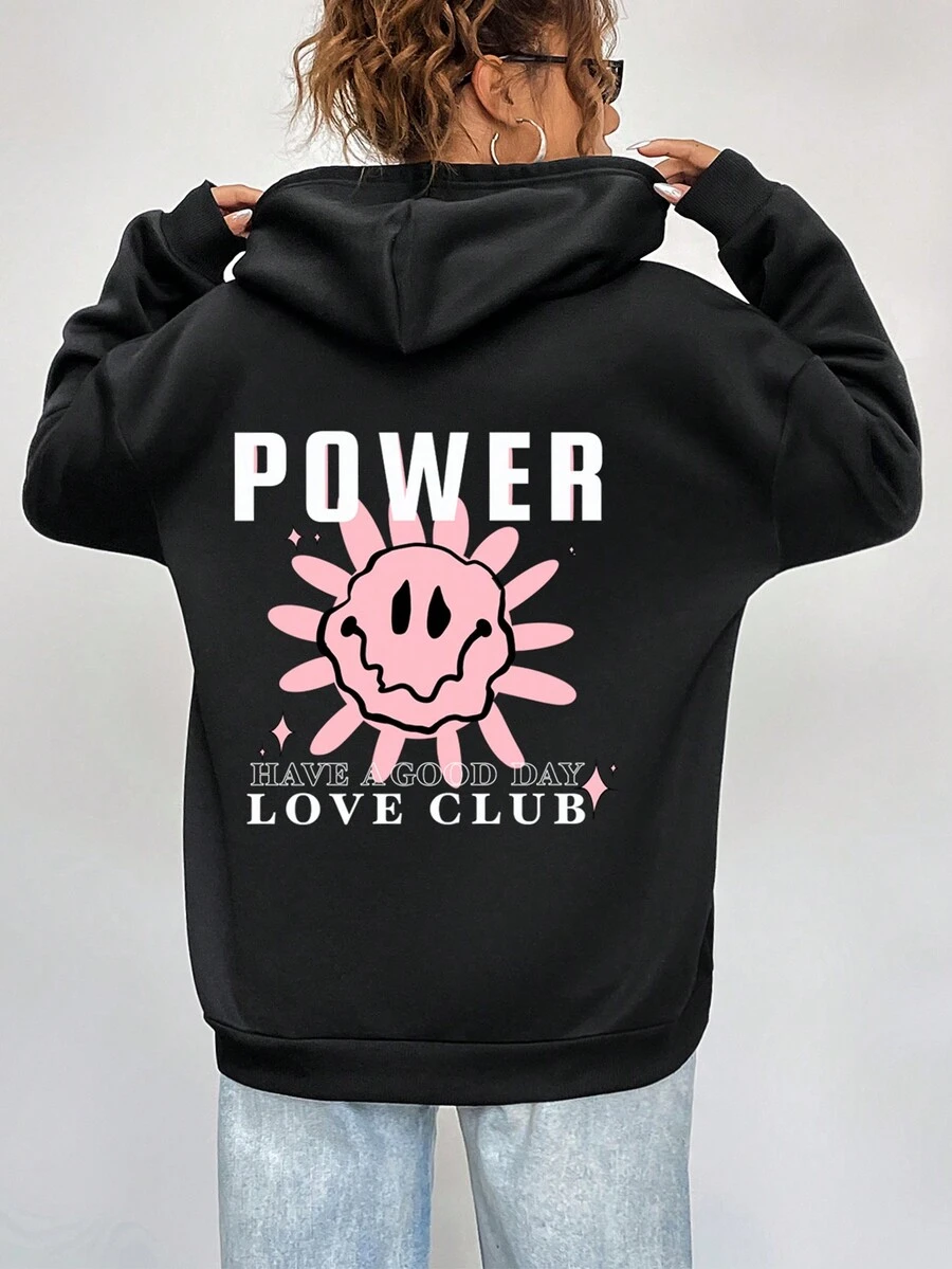 SHEIN EZwear Cartoon & Slogan Graphic Drop Shoulder Drawstring Thermal Lined Hoodie - Black - View 1