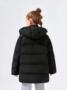 SHEIN Tween Girl Zip Up Snap Button Hooded Padded Coat - Black - View 2