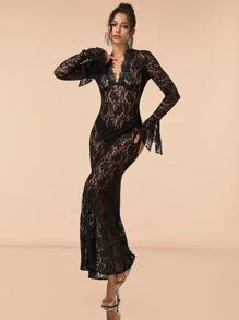 Valentine Flare Sleeve Lace Mermaid Hem Dress,Ladies' Gothic Sexy Clothing,Christmas Dress - Black - View 3