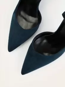 秋冬时尚简约细高跟低帮尖头性感侧镂空蓝色女式高跟鞋，优雅派对风