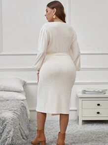 SHEIN Clasi Plus Lantern Sleeve Wrap Belted Sweater Dress In Fall/Winter
