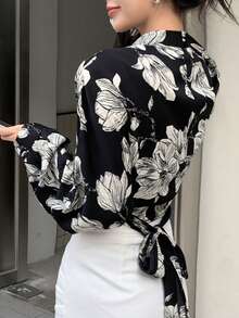 DAZY Floral Print Surplice Neckline Drop Shoulder Blouse - Black - View 2