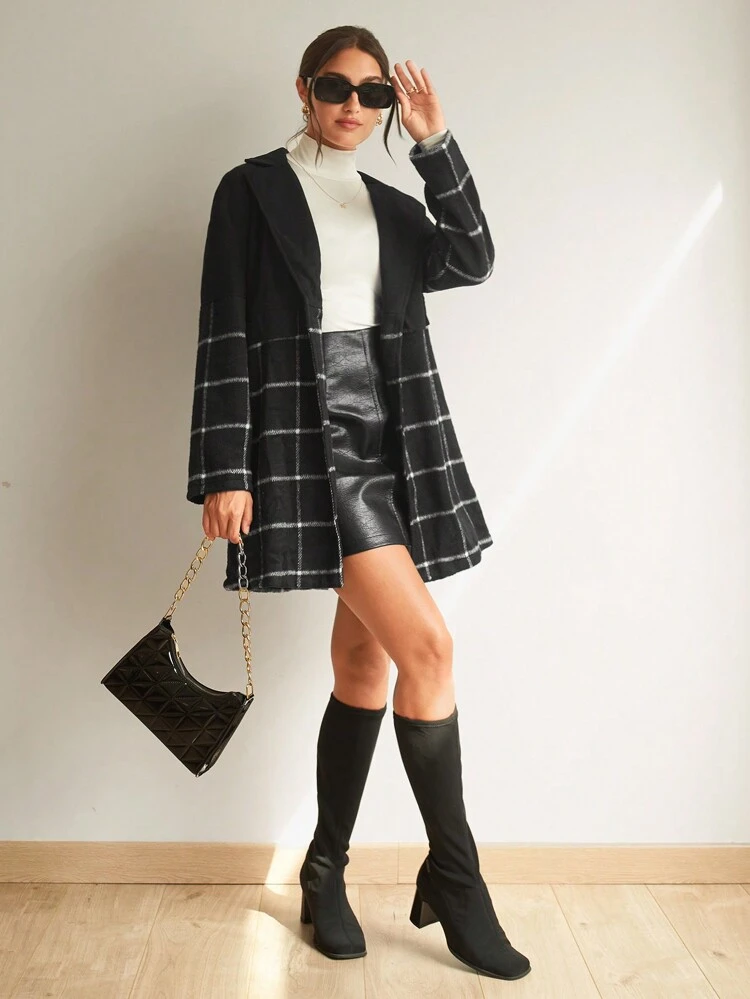 Plaid Lapel Neck Open Front Overcoat