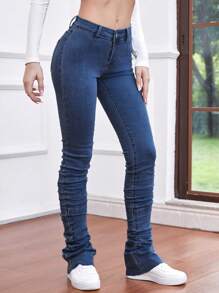 SHEIN Frenchy 素色褶邊褶皺緊身牛仔褲 - 寶藍色 - 查看 4