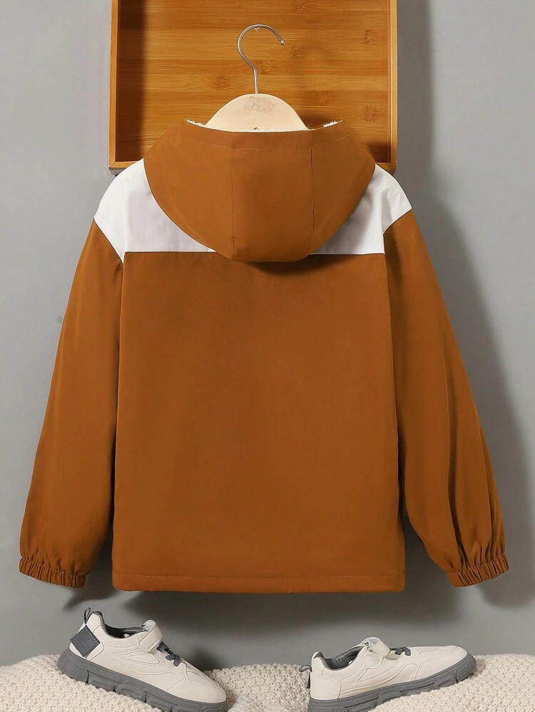 Tween Boy 1pc Letter Graphic Flap Pocket Thermal Lined Hooded Coat