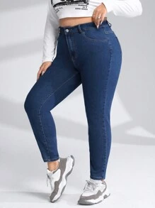 SHEIN EZwear Plus Zipper Fly Skinny Jeans - Dark Wash - View 3