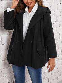 EMERY ROSE 雙排扣連帽大衣 - 黑色 - 查看 3