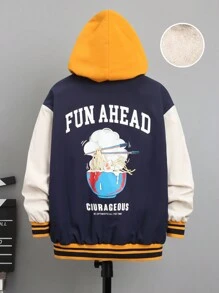 SHEIN Ragazzo Tween 1 pezzo Giacca varsity con grafica slogan color block spalle cadenti con cappuccio foderato termico