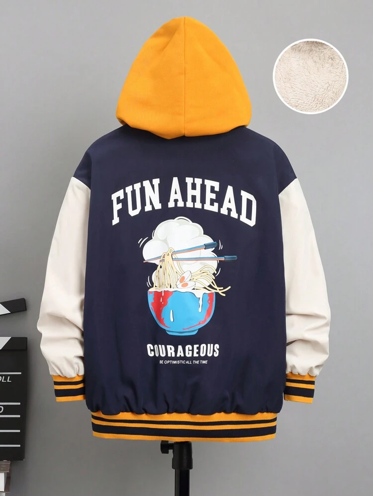 Tween Boy 1pc Slogan Graphic Colorblock Drop Shoulder Hooded Thermal Lined Varsity Jacket