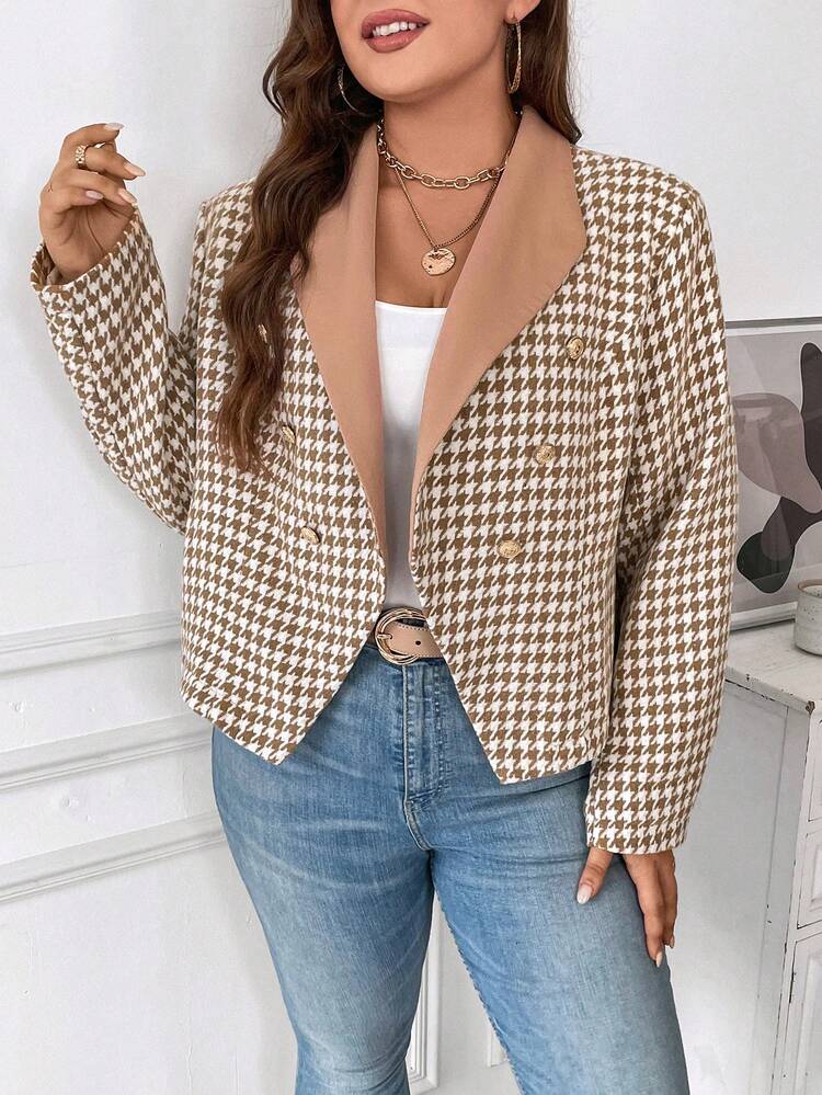 Plus Houndstooth Print Shawl Collar Blazer